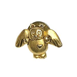 Vintage Gold Tone Cat Angel Pin With Heart 0.5"